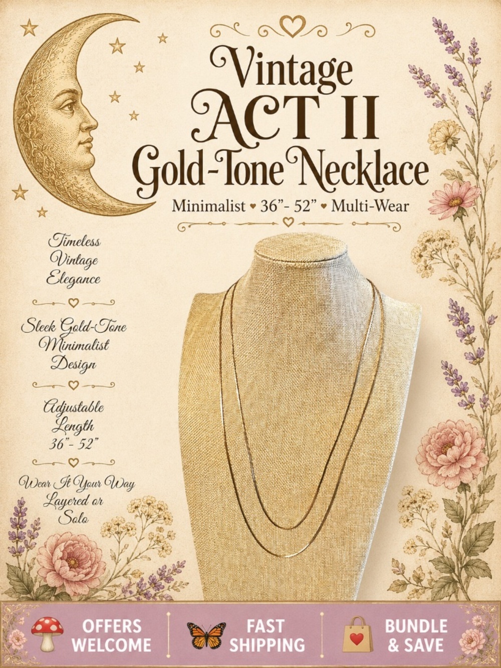 Vintage ACT II Gold‑Tone Necklace 36”–52” Minimalist Layering Chain